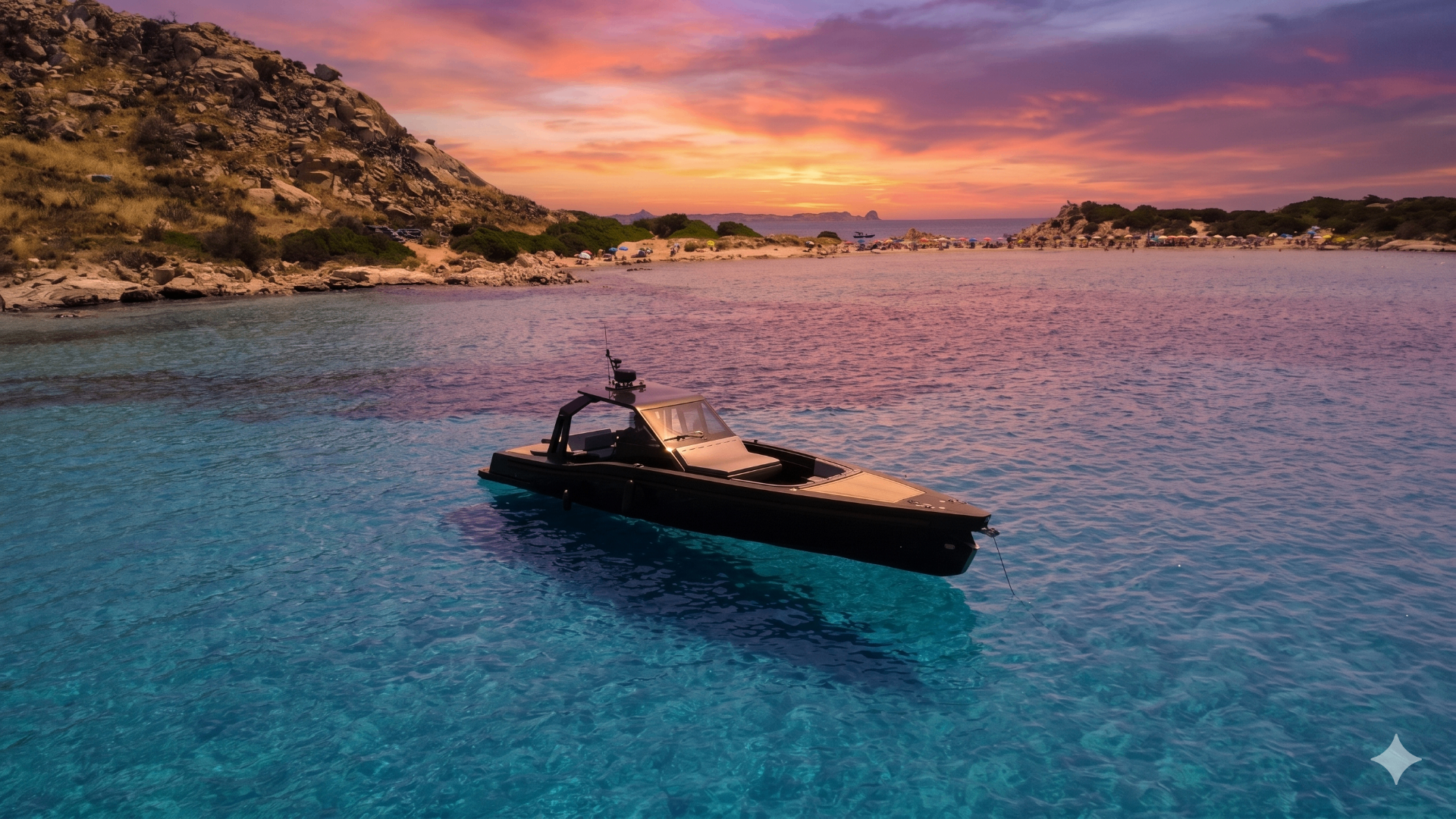 Black yacht anchored in a Sardinian cove at sunset